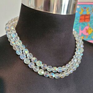 Mid-Century Double Strand Austrian Aurora Borealis Faceted Crystal Necklace 19"